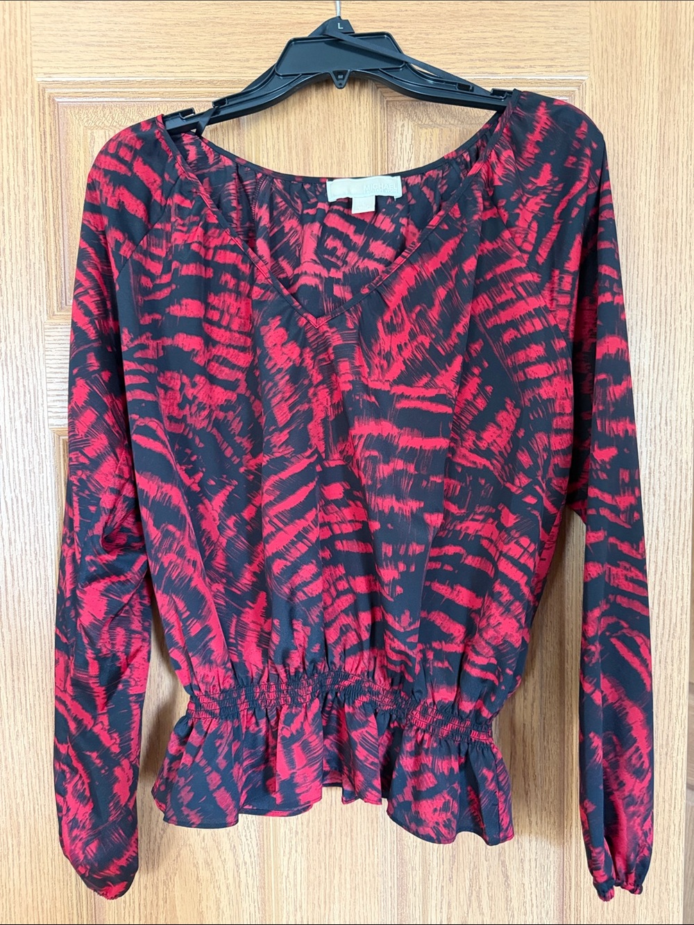 Michael Kors- Women's Red & Black Printed Long-Sleeve Peplum Top